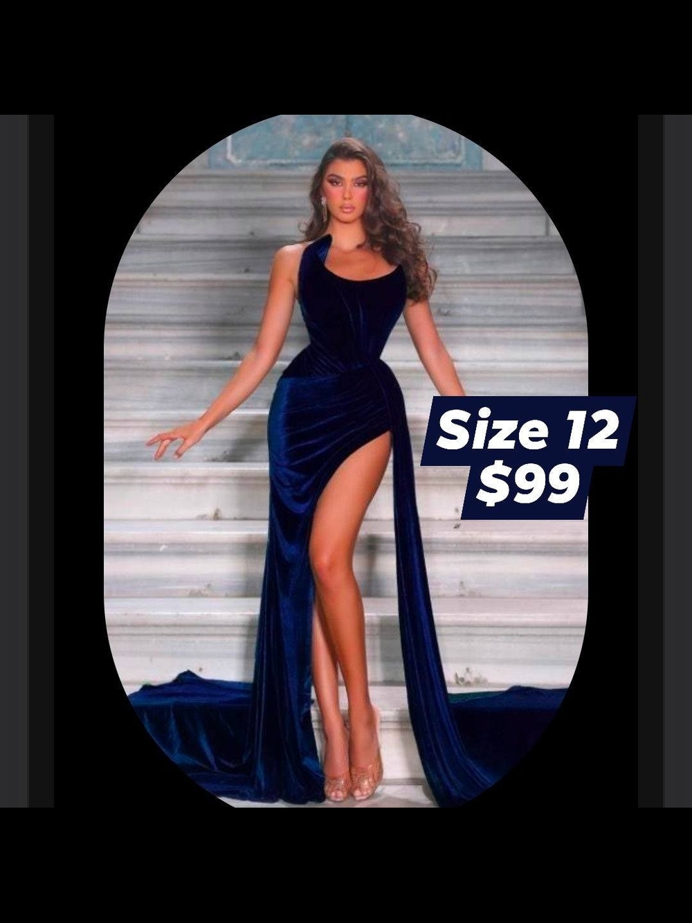 Portia and Scarlett Midnight Blue Velvet One-Shoulder High-Slit Gown